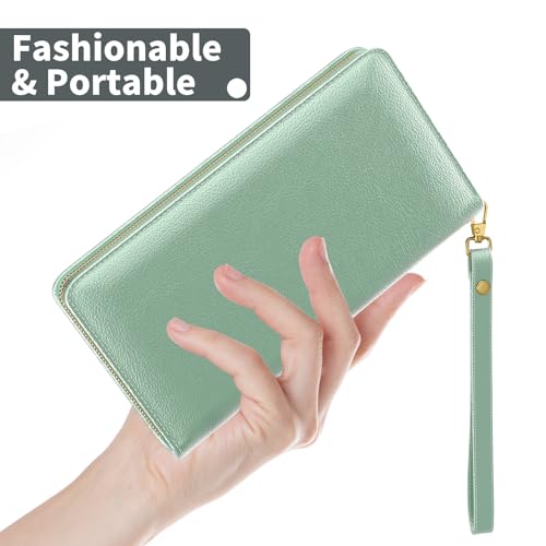 Image of Nipichsha RFID Wristlet Wallet for Women, Large Credit Card Clutch Purse with Zipper & Phone Holder, Leather Card Holder with Wrist Strap, Green