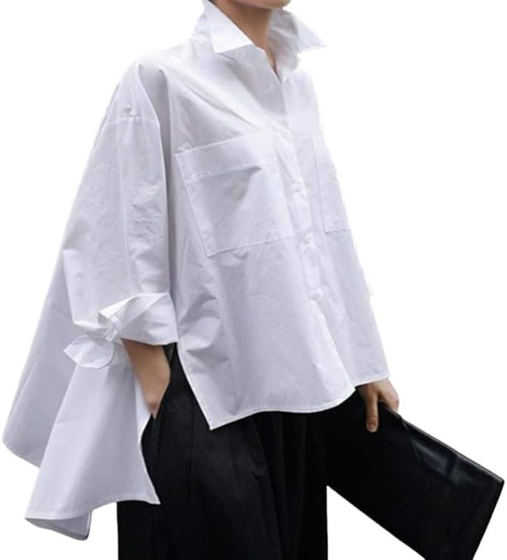 Costaric Dressy Asymmetrical Tops for Women High Low White Button Down Shirts Ladies Irregular Slit Hem Collar Blouses