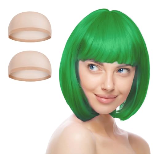 AUYAO Peluca Verde Brillantes, Recta Corta Peluca de Anime Cosplay con Redecilla Pelo, Pelucas Corto Bob con Flequillo, Pelucas de Color Neón para Halloween Carnaval de Mujer y Niñas