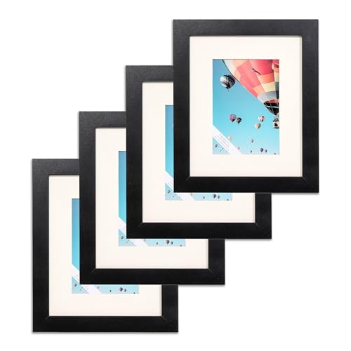 The Display Guys - Black Wooden Minimalist Picture Frames Set - Tempered Glass - 8x10 matted to 5x7 - Tabletop Easel - 4-Pack