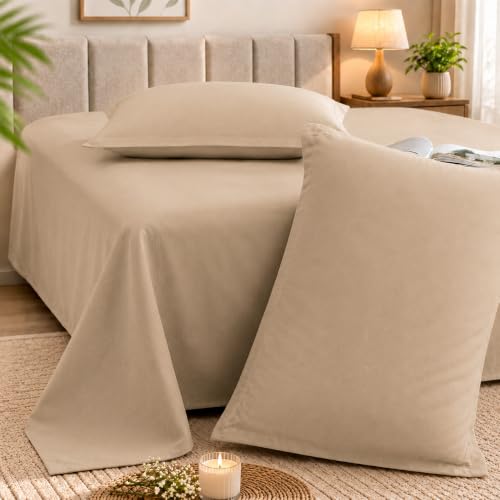 Image of Cortina Cloud Cotton King Size Bedsheet with 2 Pillow Covers | Super Soft, Breathable & Skin-Friendly Bedsheet for Double Bed King Size with Solid Design | (270x250 cm) (Beige, King)