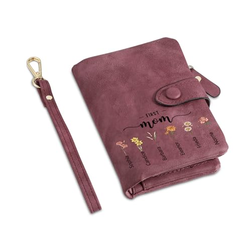 Prsonalized Names Wallet with Birth Flowers for Women - Custom 2-12 Names Text with Birth Flowers Wallet Mom Gifts for Mother's Day Birthday First Mom Now Grandma Gifts (color 2) - Main Image