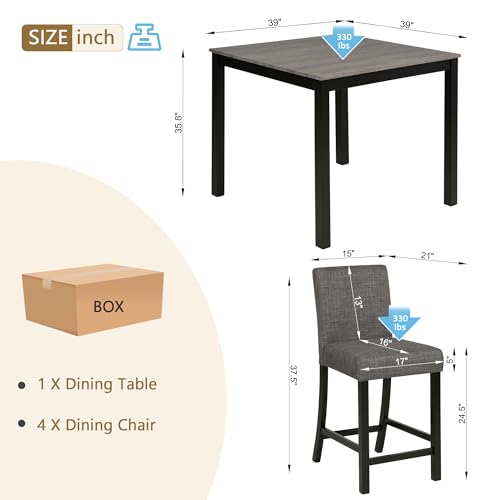 Image of KEIKI 5-Piece Counter Height Dining Table Set with Square Table and 4 Upholstered Curved Backrset Chair, for 4 Person, Modern Wooden Table Set, Easy Assembly, for Kitchen, Dining Room, Black+Gray