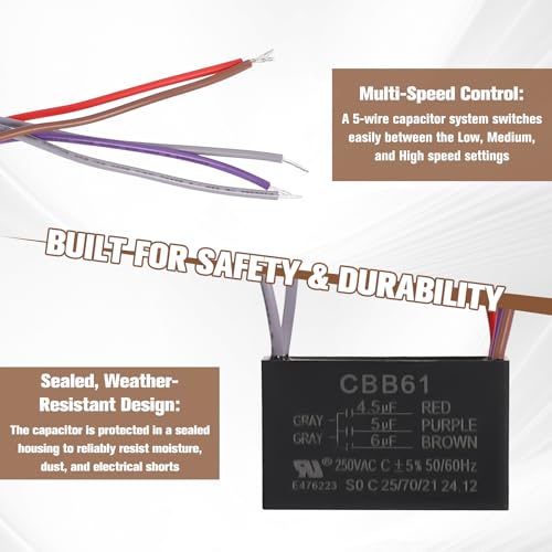Image of Podoy Ceiling Fan Capacitor CBB61 5 Wire for Compatible with New Tech 4.5uf+5uf+6uf 250VAC (Pack of 2)