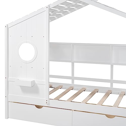 Image of Modern Twin Size House Bed with Roof and Window, Wooden Daybed Frame with Shelves and 2 Drawers,Bedroom Furniture for Girls & Boys (White+2 Drawers /)