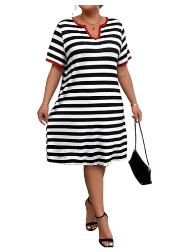 Image of Floerns Women's Plus Size Notched V Neck Stripe Short Sleeve Loose T Shirt Dress