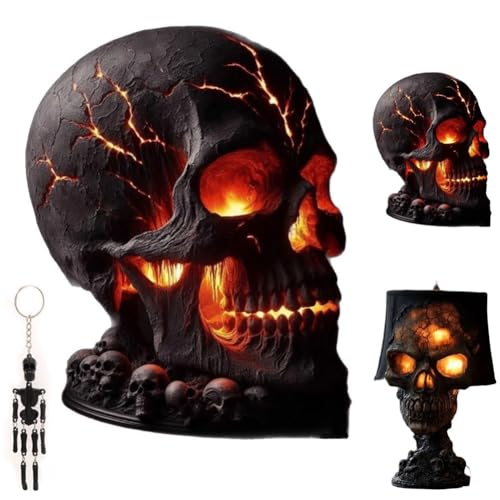 Skull Flame Table Lamp,Spooky Lava Stone Skull Lamp Crack Design Unique Room Accent,Skulls Light Night Ignite Mysteriou Atmosphere,LED Skulls Night Create Burning and Glowing Effect,Halloween Gothic