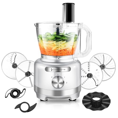 Homtone 16 Cups Food Processor, Large Food Chopper with French Fry Cutter, 9 Functions 7 Blades for Shredding, Slicing, Doughing, Emulsfying and Meat Chopping for Home Use, 3 Speeds, 600W, Sliver