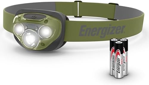 Energizer LED Head Torch, Powerful Bright Headlamp, Water Resistant Headlight for Camping, Fishing and Running, Batteries Included, Forest Green
