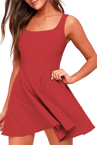 Image of FANCYINN Women's Short V-Back Dress U-Neck Inslace Hem Wide Straps Tank Mini Skater Cocktail Dresses