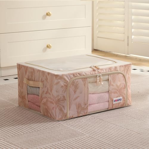 Image of HOKIPO 44L(M) Folding Storage Box and Organiser for Clothes, 600D Oxford Fabric Storage Box, Beige Botanica Pack of 1 (AR-6485-BGE)