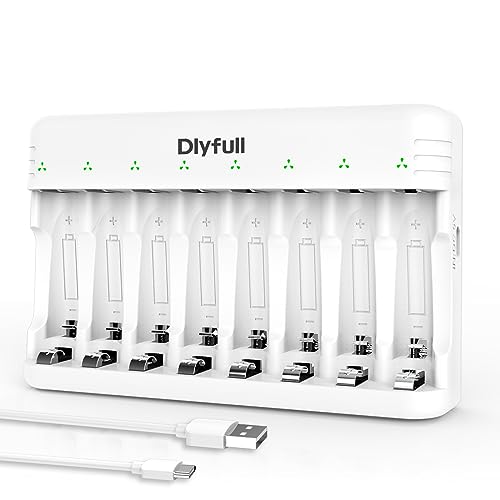 Dlyfull 8 Bay AA AAA Battery Charger with USB-C High-Speed Charging Independent Slot for 1.2V Ni-MH Ni-CD Rechargeable Batteries Cable Included