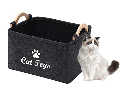 Geyecete - Fieltro Cajas De Almacenamiento Para Juguetes Para Gatos-Rectangular Cajas Con Mango De Madera-Cestas De Almacenaje Para Juguetes E Accesorios Para Mascota -38x25x18cm-Gris Oscuro