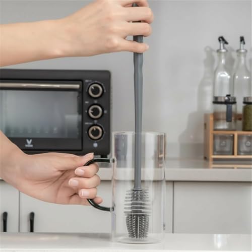 Image of VYOOx 2 Piece Silicone Bottle Cleaning Brush with Long Handle (12 inch) | Flexible Narrow Neck Cleaner for Water Bottles, Glass, Vase & Sports Bottles | Durable Kitchen Cleaning Brush (Grey)