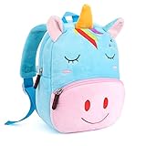 Diseño bonito: Lindo diseño de cara de unicornio, elegante, ligero, suave y de colores brillantes, las correas de hombro ajustables son suaves para mayor comodidad. También hay un asa superior para facilitar el transporte o el acurrucamiento y es perfecto para el niño independiente que quiere llevar su propia bolsa.