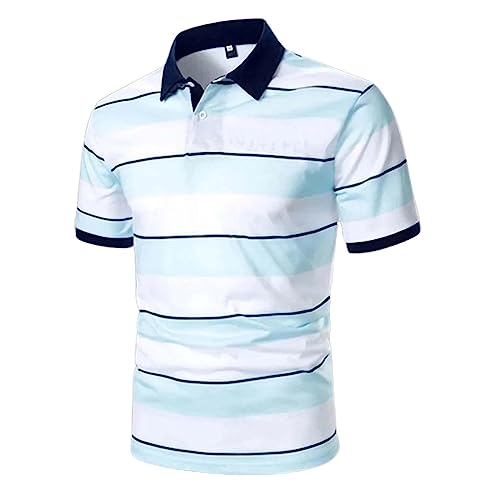 Generic Camisetas Tipo Polo para Hombre,Striped Polo Shirts for Men Cotton,Work Clothes for Men Office,Orange Shirt Mens, Medium, Light Blue