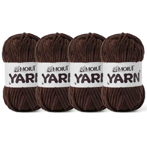 Image of 4 Packs Fluffy Chenille Yarn for Crocheting, Chunky Velvet Yarns for Crochet Amigurumi, Baby Yarn for Crocheting Soft Blanket, 349.9yds /14.1 oz Bulky Yarns for Crafts /Hats /Shoes /Socks (4 Coffee)