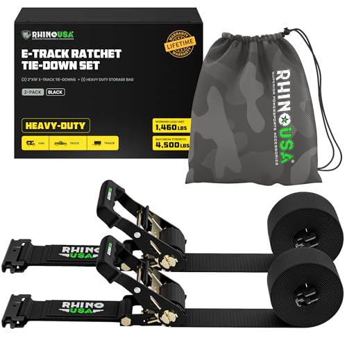 Rhino USA E Track Ratchet Tie Down Straps (4 500lb Break Strength) - Includes (2) Premium 2 x 16 eTrack Tie Downs - Ultimate Heavy Duty eTrack Cargo Strap System for Trailer Truck Motorcycle