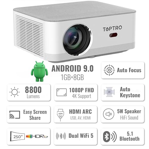 Image of TOPTRO NeoSmart, Fully Automatic, Full HD Native 1080P, Android Projector for Home 4K HDR, 8800 L, (Auto Focus + Auto Keystone), HDMI ARC, Dual WiFi & BT, YouTube, Netflix, Prime & More