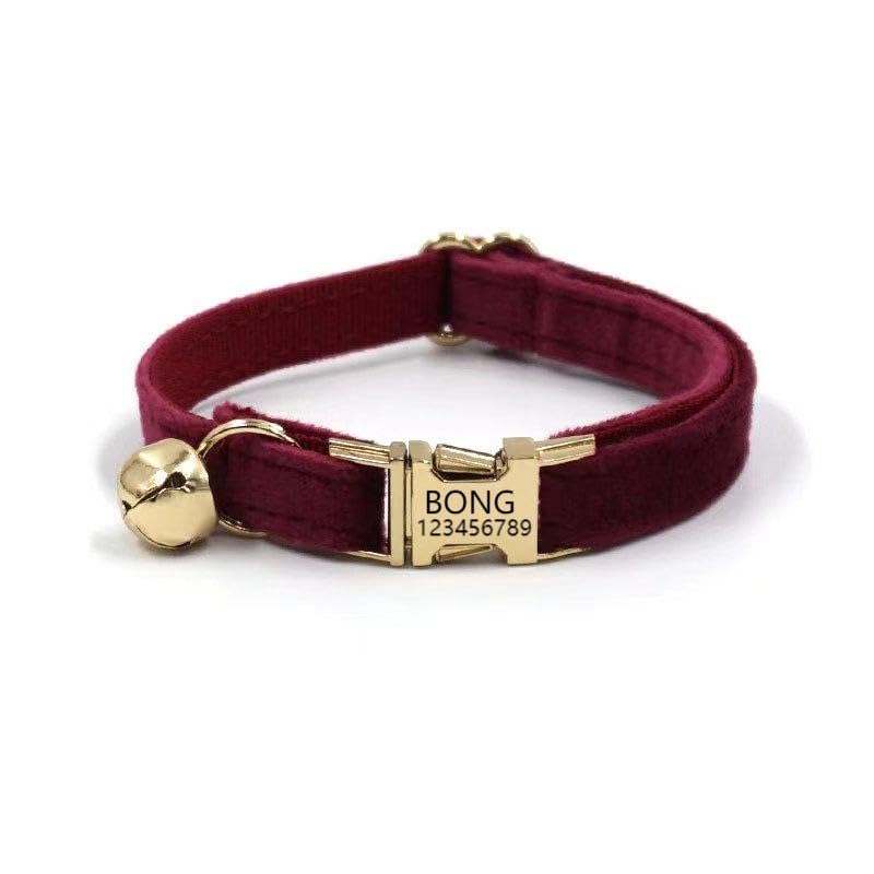 Customized Soft Artificial Velvet Cat Collar, Personalized Cat Tag, Laser Engraved Metal Button Cat Collar, Neck Circumference 0.6-1.2 inches (Claret) โ image 1