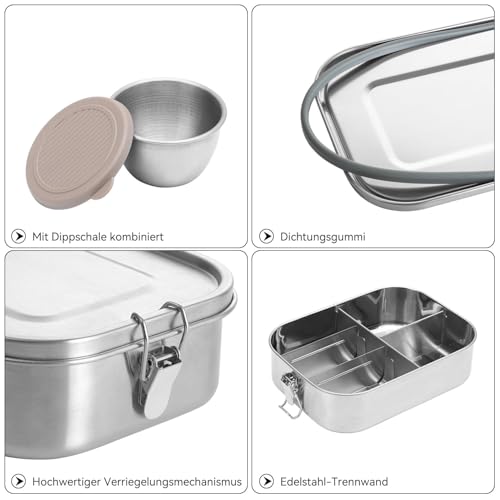 GOLDEN KEY Edelstahl Lunchbox 1400ml füR Erwachsene, Edelstahl Brotdose mit Fächern und Ersatz-Silikonring… – Ansicht 5