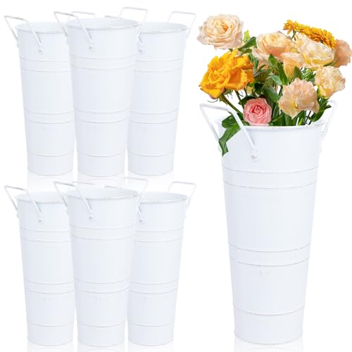 Dualshine 6 Pcs Galvanized Bucket Bar 10 Inch Flower Bucket and Metal Vase with Handles Farmhouse Vases for Wedding and Cut Flowers Balcony Garden (White)