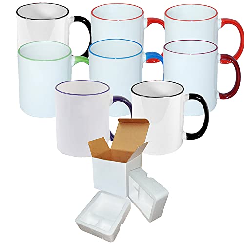 TWISTED ENVY Mugsie Set of 8 11 oz Mixed RIM HANDLE Colors Professional Grade Stoneware Mug- Sublimation Series - With Shipping boxes