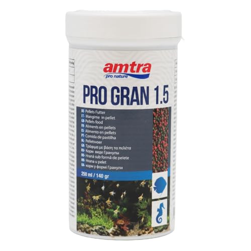 Amtra Pro Gran 1.5-250 ml, Mangime completo in granuli da 1.5 mm per pesci d’acqua dolce e marina, a base di farina di vermi, alghe e pesce