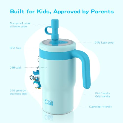 Image of OISIZ 14oz Kids Tumbler with Straw Lid & Handle,Kids Cup with Animal Accessory for School,Kids Water Bottles with Dust-proof Cover,Leakproof Bottles,316 Stainless Steel,Keep Cold 24 Hours-sky blue