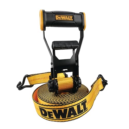 DEWALT DXBC10000J Black/Yellow 2' x 27' Ratchet Tie Down Strap with Double J-Hook - Heavy-Duty Cargo Securing (10,000 lb Break Strength)
