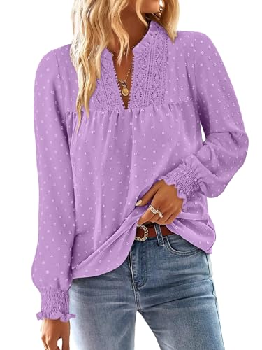 BETTE BOUTIK Women Boho Long Sleeve Shirts Dressy Casual V Neck Fall Fashion Tops Swiss Dot Flowy Blouses