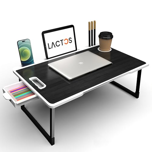 Image of Foldable Wooden Mini Laptop Table for Bed, Study Table with Drawer, Tablet /Mobile Holder for Kids & Adults->> (WC-Black)