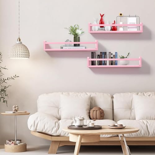 Image of WooDinto Wall Shelves for Living Room, Bedroom | Wall Mounted Shelf | Wall Hanging Storage Unit | Wall Organiser Shelf (Floating Set of 3 - Pink - 24 Inch)