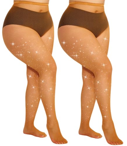 Image of Plus Size Fishnet Tights Sparkle Stockings Glitter Pantyhose High Waist Fine Mesh Stockings Value Pack of 2