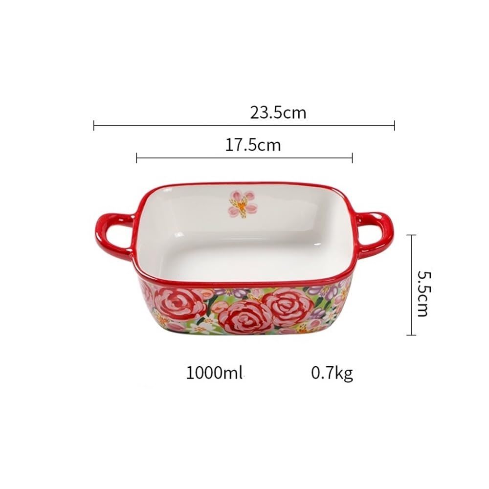 Lasagne Auflaufform 1000 ml handbemaltes Backblech aus Keramik mit Doppelohr in Unterglasurfarbe, geeignet for Haushaltsöfen, Mikrowellenherde und quadratische Teller Auflaufformen