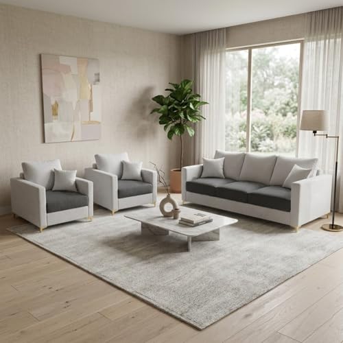 Image of Hayes Dual Tone Rich Velvet Suede 3+1+1 Seater Sofa Set | Golden Aesthetic Legs | Soft Touch Comfort Seating | 5 Person Seating | Modern Living Room Set (Dark Gray & Light Gray)