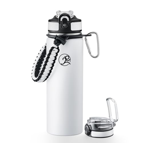 Image of GOSWAG 24oz Insulated Stainless Steel Travel Water Bottle, 2 Lids | with straw and no straw, Paracord handle, Double-wall vacuum keeps drinks cold or hot, Leakproof tumbler