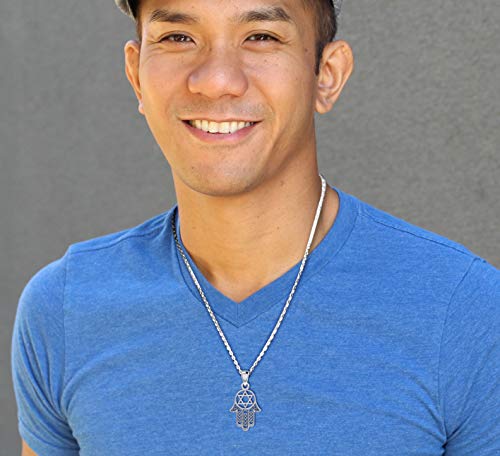 US Jewels And Gems Men's 1.33in 925 Sterling Silver Hamsa Jewish Star of David Pendant Necklace, 18" to 24"2