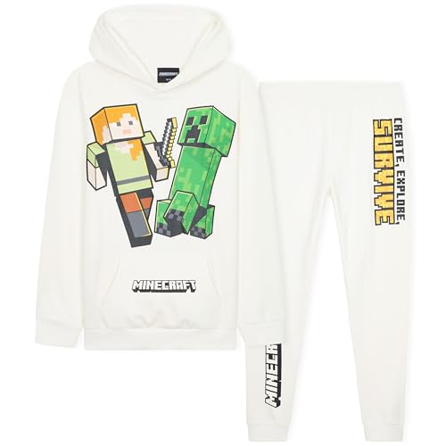 Minecraft Conjunto Chándal Niño - Sudadera con Capucha y Pantalones Niños (Blanco, 9-10 Años)