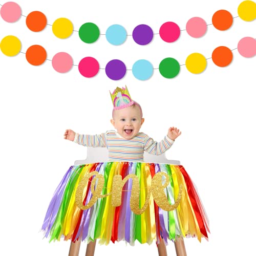 Regenbogen Hochstuhl Banner Hochstuhl Tutu Rock, Hochstuhl Band Banner mit 1pc ONE Foto Requisite 1pc ersten Geburtstag Krone 2pcs bunte Runde Papier Banner für 1st Birthday Party Dekoration liefert Cover