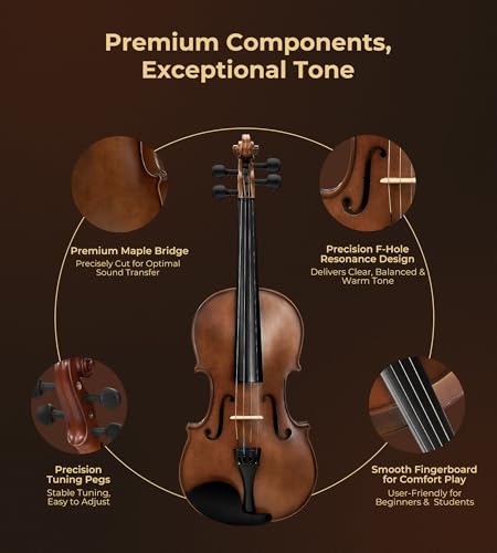 Image of Vangoa 3 /4 Violin Solid Wood Acoustic Violin Set Three Quarters for Children Students Beginners with Violin Case, Bow, Rosin, Music Stickers, Tuner, Mute, Strings