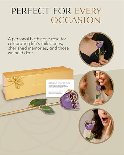 Image of Forever Rose Hand-Dipped in 24K Gold, Amethyst-Inspired February Birthstone with Sparkles, Real Rose in Luxury Gold Gift Box - Perfect Ready to Gift for February Birthday or Any Occasion