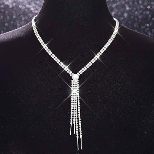 Zoestar Rhinestone Necklace Jewelry Silver Long Necklaces Prom Dressy Neck Chain for Women2