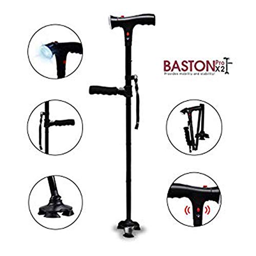 CW0607 Bastón Ajustable De Baston Baston Prox2 para Las Personas Mayores W/LED De Luz, Pliegues para Viajes W/Doble Asas Y Una Base Giratoria Todo Terreno para La Estabilidad