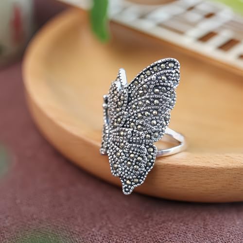 Bague Papillon en Argent 925 et Marcassite Ciselée Main Taille 6-9