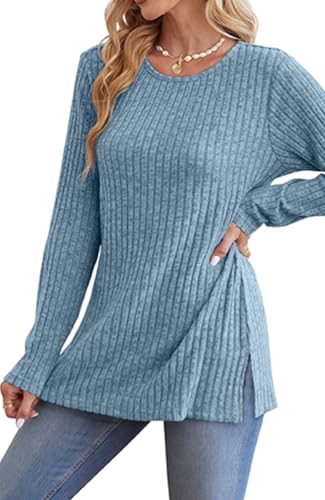 Image of Jescakoo Long Sleeve Shirts for Women Crew Neck Fall Tops Side Split Lightweight Tunic Sweaters Fashion Clothes 2025 S-4XL