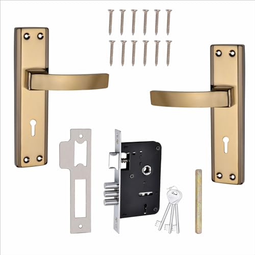 Image of Milton Mortise Lock Set with Door Handle, Black Gold Finish, 7 Inch, Model MHI-RX-03, Complete Set with Keys and Screws