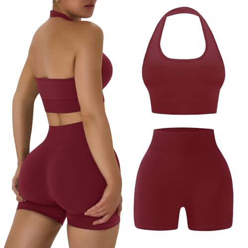 OLCHEE Workout Sets for Women 2 Piece Backless Halter Sports Bra High Waist Booty Shorts Yoga Gym Outfits Lounge Activewear - Solid Red Medium