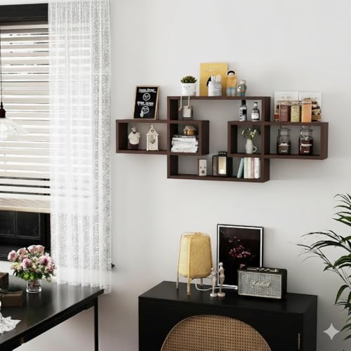 Image of Wooden Wall Shelves for Living Room, Bedroom Wall Mounted Rectangle Bookcase, Intersecting Wall Shelves for Storage Modern Decorative Display Shelves for Wall Decor (Brown)