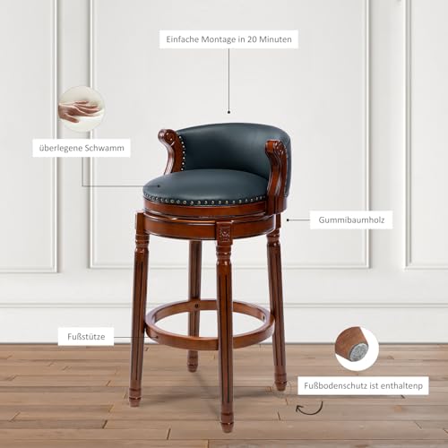 Image of Cow top Leather Wooden Bar Stools, 29.5 inch Bar Height Bar Chair with Back, 180 Degrees Swivel Barstools Chair for Home Kitchen Counter,Dining Room (Dark Blue 1pc, Bar Height-Seat Height 29.5 inch)